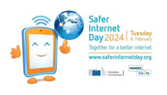 campagnebeeld Safer Internet Day 2024, dinsdag 6 februari 2024, tablet met wereldbol balancerend op de hand