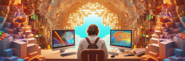 man aan bureau met twee schermen en AI-achtergrond