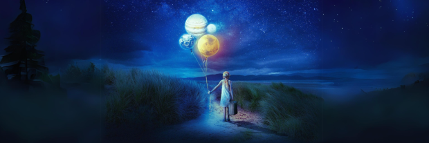 Een meisje met planeten als ballonnen in haar hand in een donker landschap